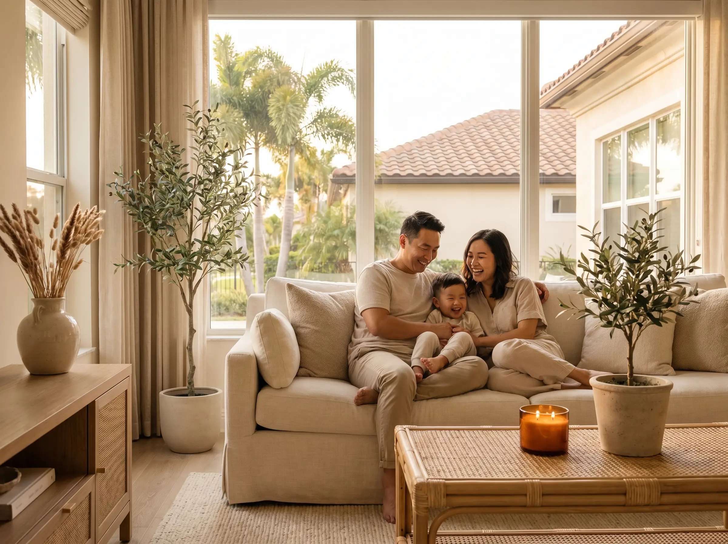 Family sitting together in a bright living room