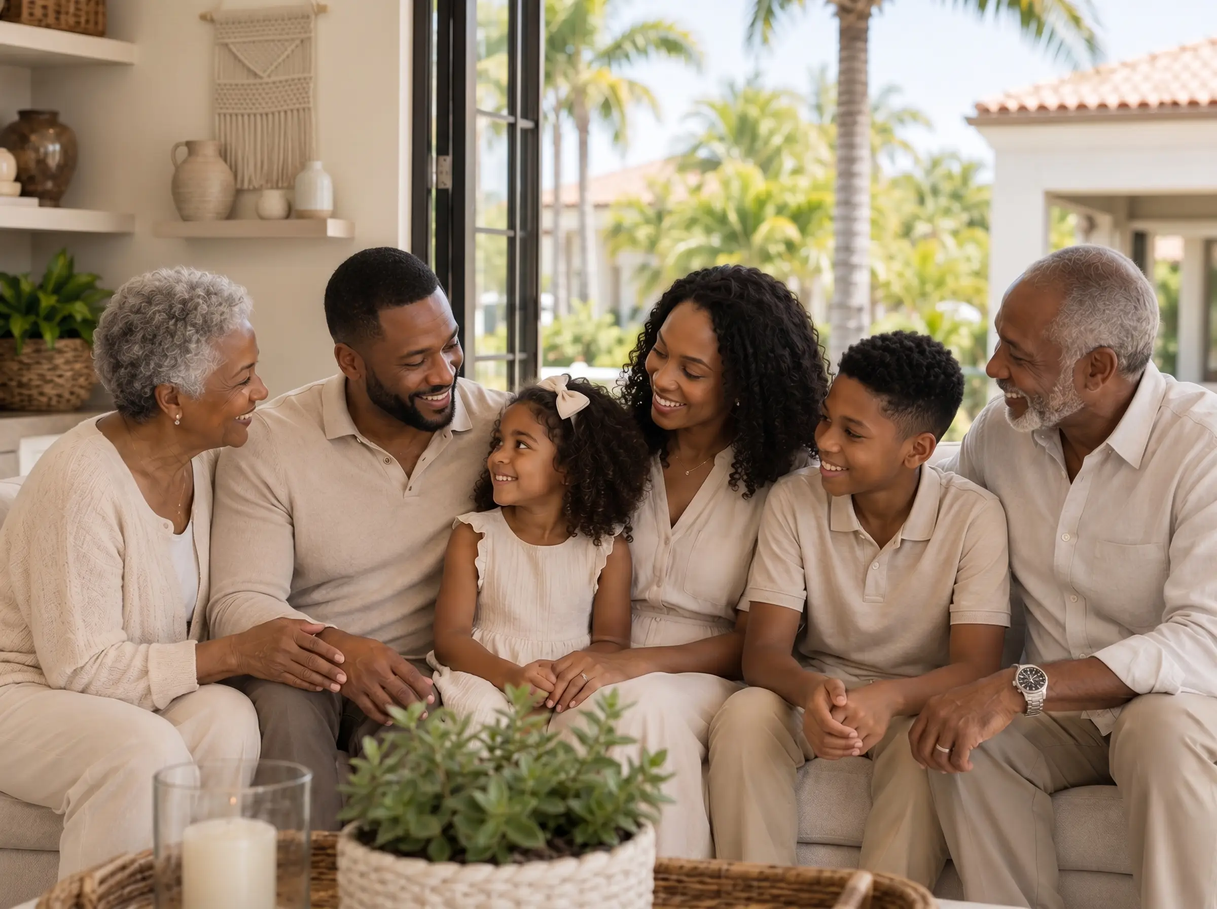 Multigenerational family sitting together in a bright living room