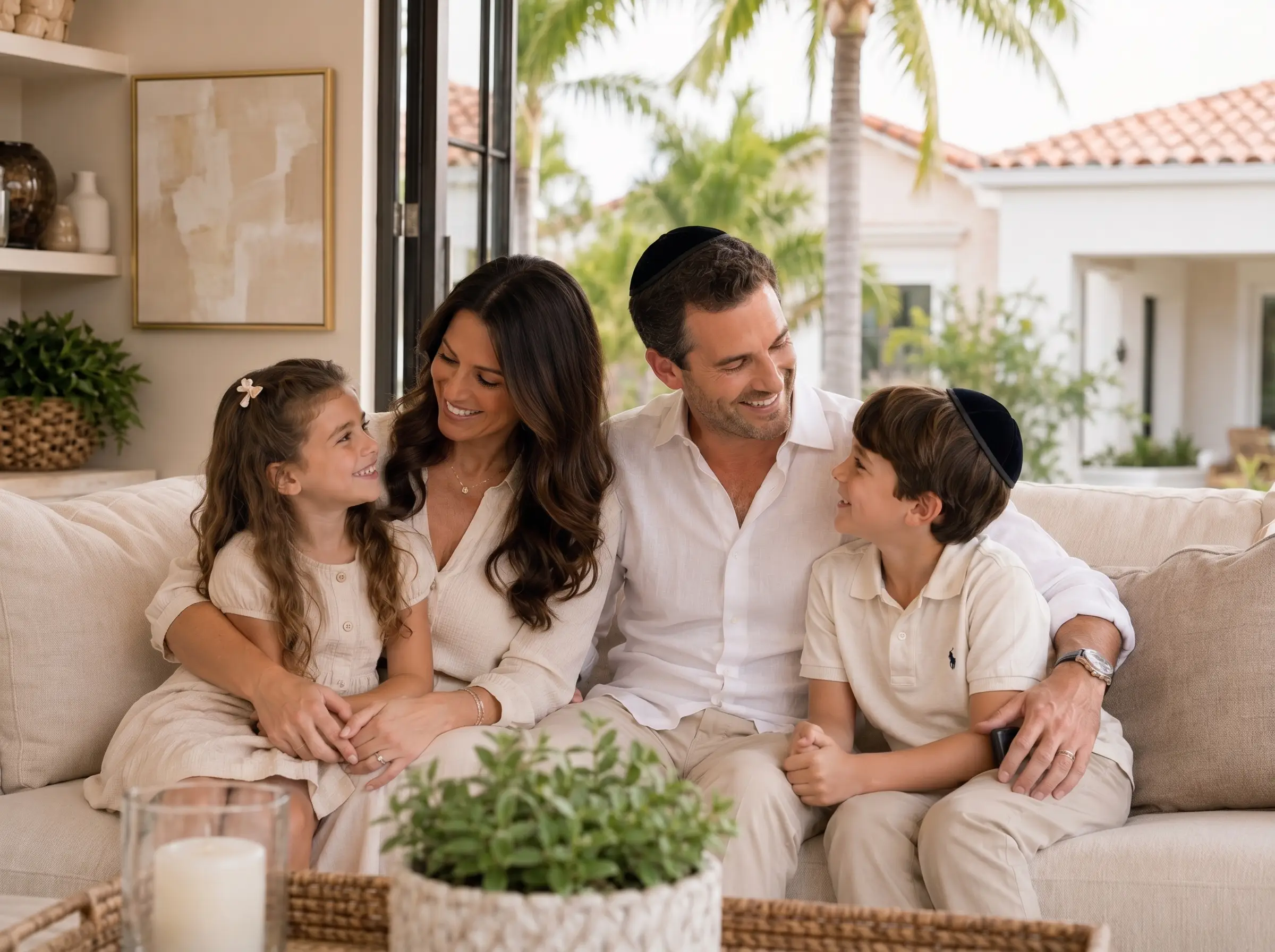 Florida family sitting together in a bright living room